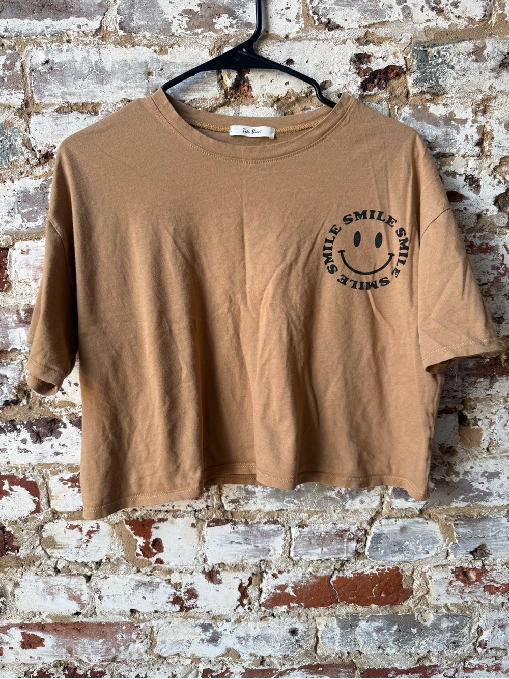Tan Boxy Cropped Smile Graphic Tee